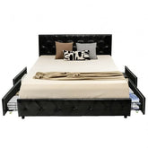 A modern black bed with storage drawers located underneath for maximizing space efficiency.